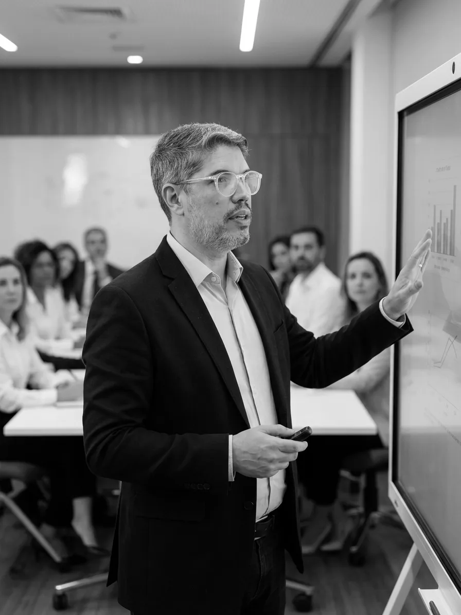 Samuel Leite palestrando para uma plateia executiva